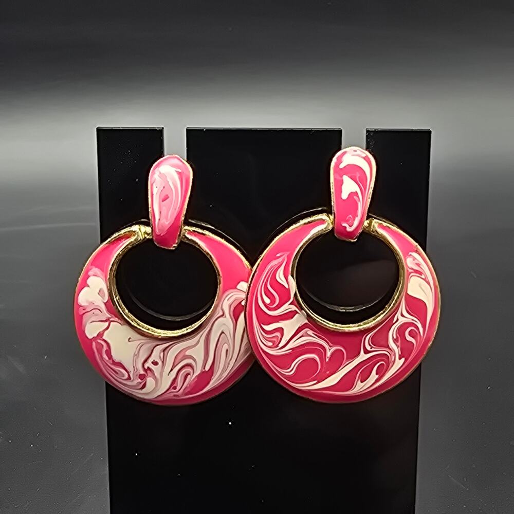 Pink White Marbled Enamel Earrings Door Knocker Vintage 1980s Jewelry